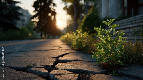 Emerging greenery amid cracked pavement at sunset urban environment nature photography low angle view