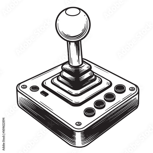 Detailed vector illustration of a classic arcade game joystick in retro black and white