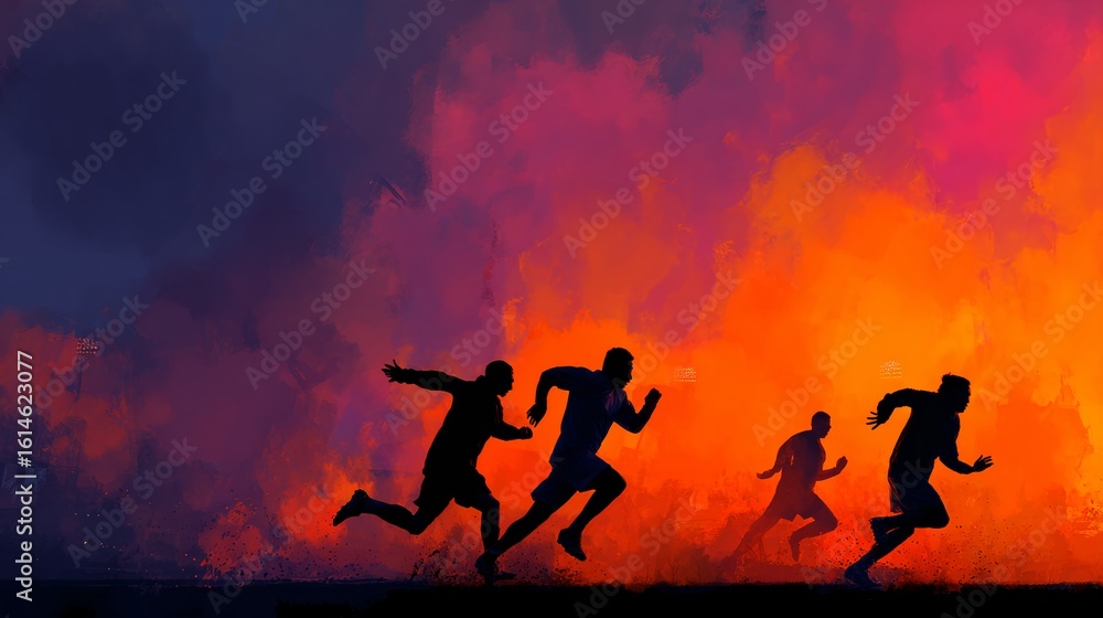 Obraz premium Silhouette Athlete Sprinting at Dawn – Immersive Endurance Sports Visual for Digital Wellness and Inclusive Fitness Campaigns