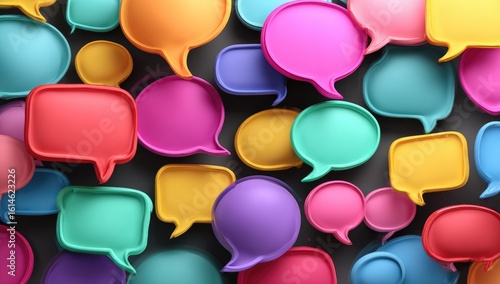 A dense collection of colorful, 3D speech bubbles on a dark background, suggesting a lively conversation or communication network
