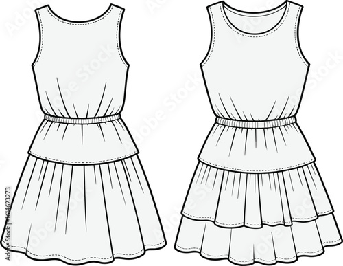 cad drawing flat vector illustration, sleeveless ruffle dress front back view, fashion technical sketch, girls clothing design template, outline