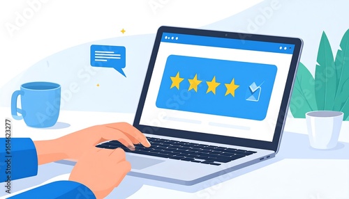 Hands typing on laptop, online feedback form, 5-star rating