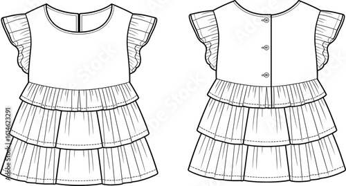cad drawing flat vector illustration, tiered ruffle dress, flutter sleeves detail, front and back view, children’s fashion technical sketch