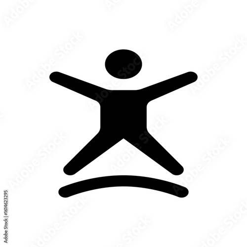 Silhouette of a person with arms outstretched and legs apart standing above a curved line element design