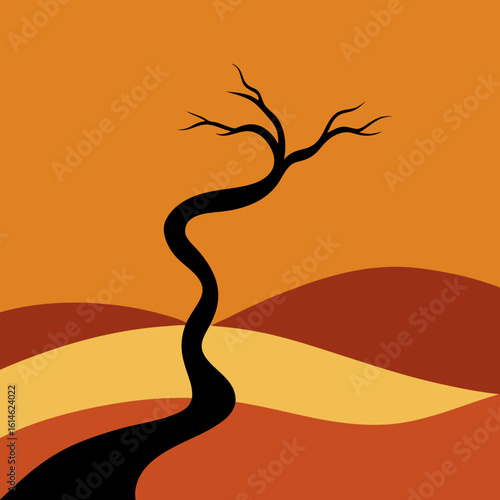 Stylized black tree on a warm orange and brown landscape