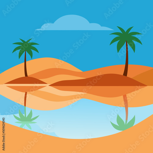 Desert oasis with palm trees and reflections