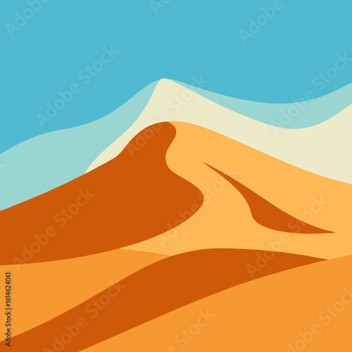 Stylized desert landscape with rolling sand dunes and clear blue sky