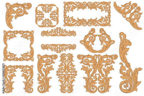 Decorative design set featuring flourish borders, corner elements, and frames, ideal for invitations, menus, and page embellishments. Perfect for enhancing layouts with elegant vector details.
