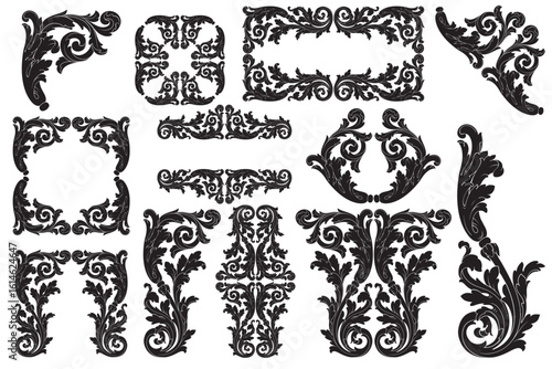 Decorative design set featuring flourish borders, corner elements, and frames, ideal for invitations, menus, and page embellishments. Perfect for enhancing layouts with elegant vector details.