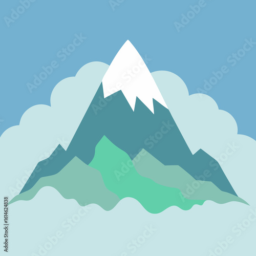 Stylized snowy mountain peaks with clouds and blue sky