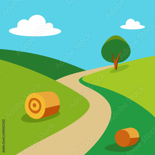Rolling hills and hay bales on a sunny day