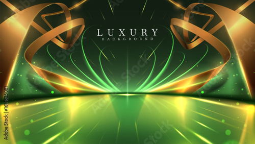 Luxury green empty stage scene with gold ribbon elements and decorated with glitter and bokeh light effects, elegant background suitable for product banner or award ceremony.