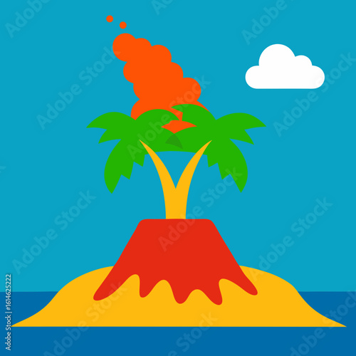 Cartoon tropical island volcano erupting with palm trees and cloud