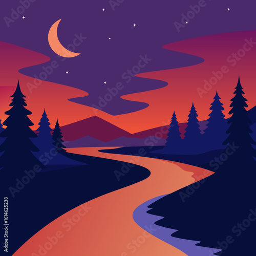 Serene night landscape with crescent moon and winding river