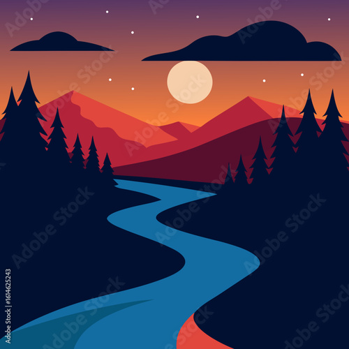 Serene mountain landscape with winding river at sunset