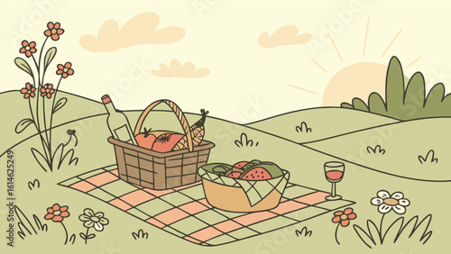 Charming Picnic Scene Arranged in a Sunny Open Field with Blanket, Basket, and Fresh Food