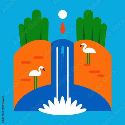 Stylized waterfall scene with flamingos and greenery