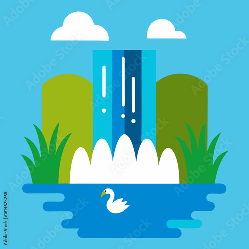 Serene waterfall scene with a graceful swan