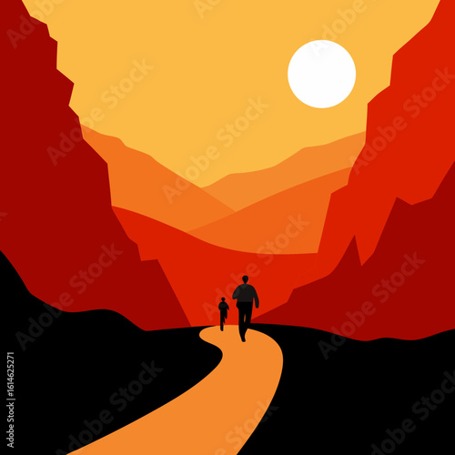 Two silhouettes walk on a winding path through a stylized mountain landscape at sunset