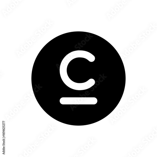 A black circle containing a white letter c above a short white horizontal line in a minimalist design style