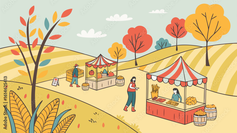 Naklejka premium Lively Harvest Festival Celebration Set in Golden Fields with Tents, Music, and Autumn Decor