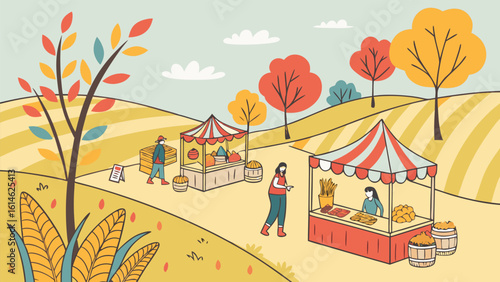 Lively Harvest Festival Celebration Set in Golden Fields with Tents, Music, and Autumn Decor