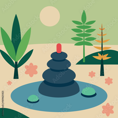 Zen garden with stacked stones and stylized plants