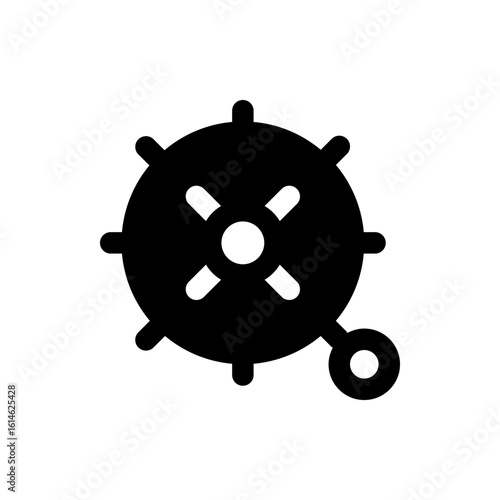 Illustration of a black sea mine with protruding spikes and a tethered float at the bottom right side