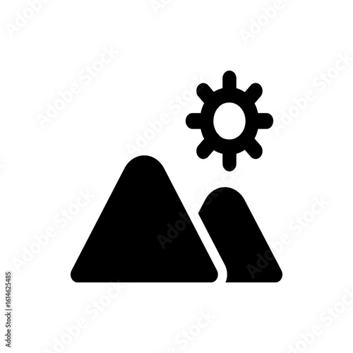 Illustration of two mountains with rounded peaks and a sun or gear icon above them in a simple black design