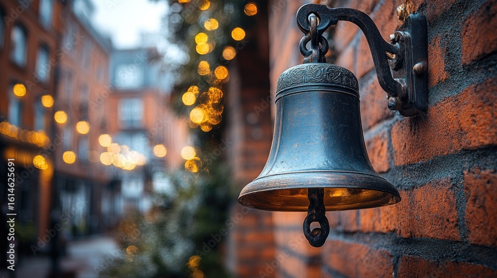 Obraz premium Old bell on brick wall, festive lights