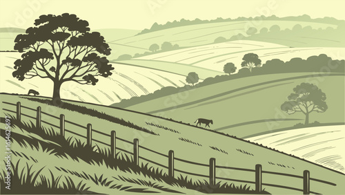 Rolling Hillside Field with Wooden Fence Line Under a Peaceful, Sunlit Sky