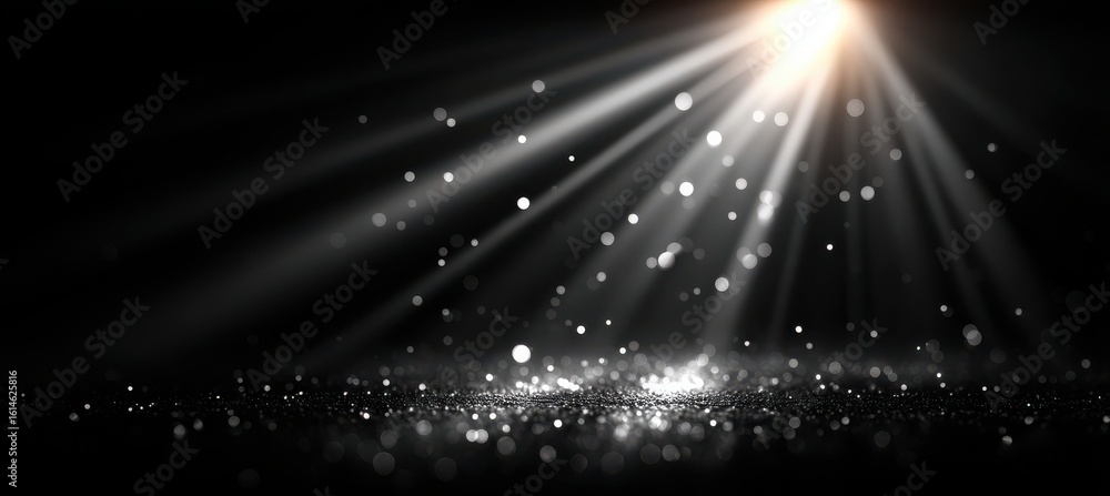 Fototapeta premium Light White Rays with Particles on Black Blurred Background