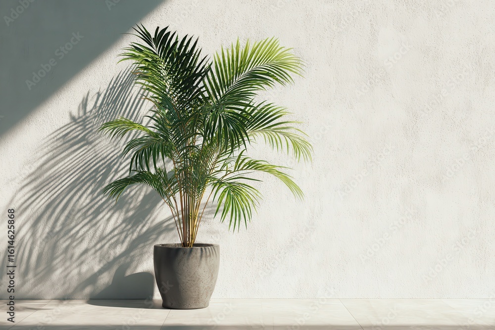 Fototapeta premium Indoor potted palm plant creates intricate shadows on a bright wall during daylight
