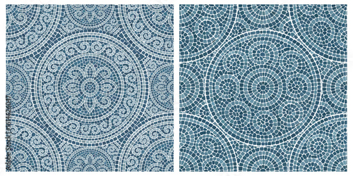 Seamless pattern blue Circular Mosaic. Decorative Antique Stone Ornament.