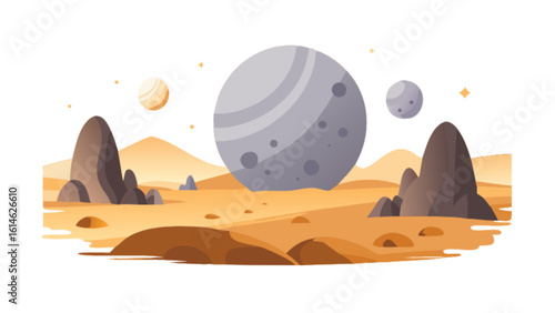 Planet landscape vector illustration of space exploration and mars colonization with planets and rocks