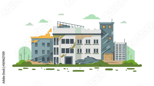 Urban decay building damage and demolition concept illustration with city skyline and architecture view