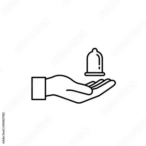 Hand holding condom in minimalist line art style on transparent background  