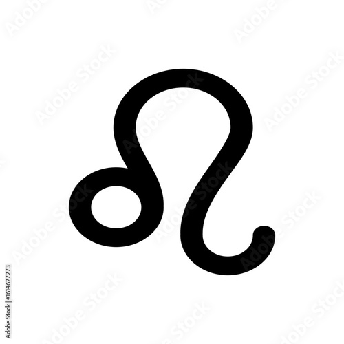 Black leo zodiac sign symbol with curved lines and a circle on the left side on a white background image