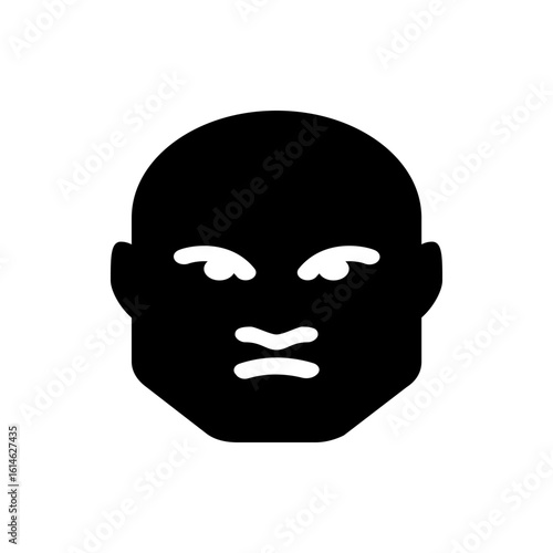 Illustration of a bald head with angry expression featuring stylized eyes and mouth in black and white design