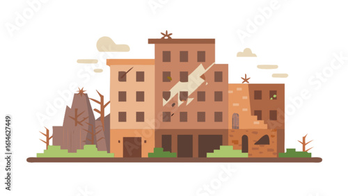 Disaster aftermath illustration featuring damaged buildings and urban decay vector design graphic art