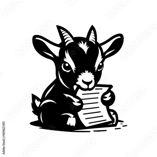 goat kid nibbling on a piece of notebook paper
