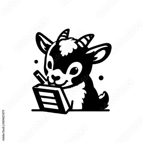 goat kid nibbling on a piece of notebook paper