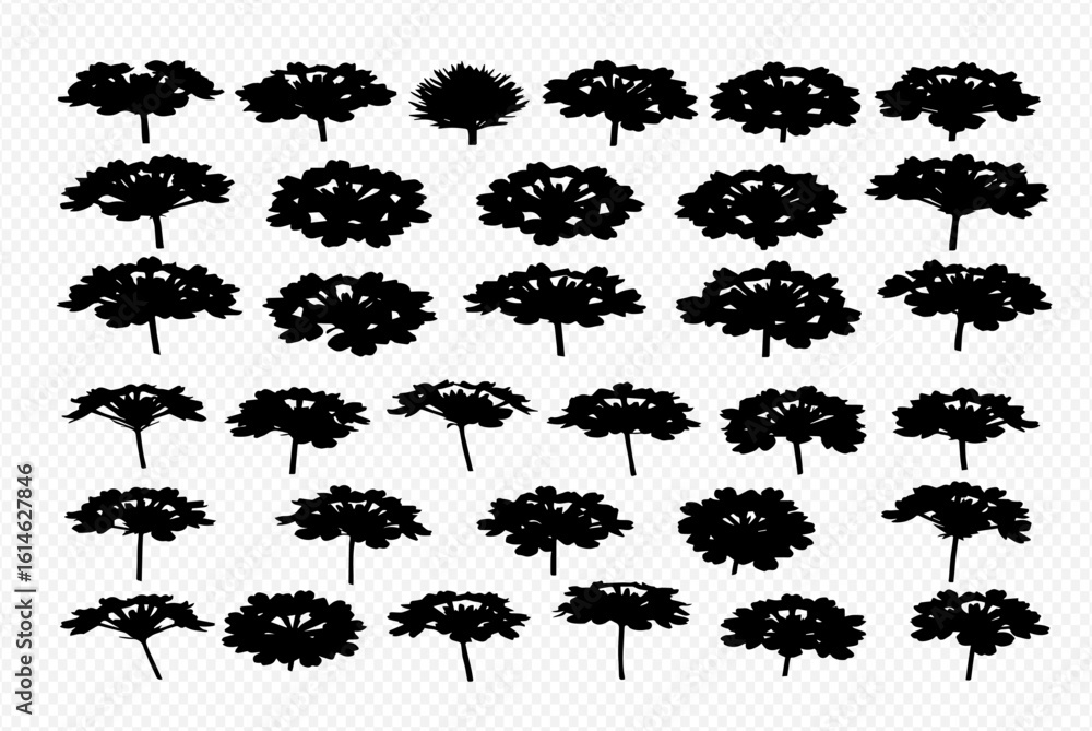 Fototapeta premium A collection of thirty-two tree silhouettes, varying in shape and size, arranged in rows on a transparent background.