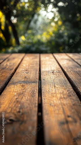 Wooden Table Texture with Defocused Green Garden Background