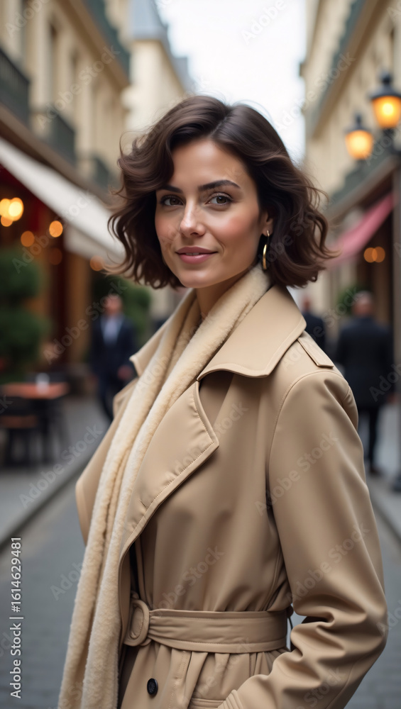 Fototapeta premium A portrait of a woman, standing in the charming streets, a timeless elegance, Parisian style. The lady wears a beige coat, with her hair styled. She gazes towards the camera.