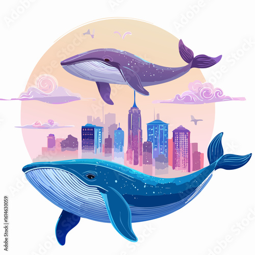 Giant glowing whales drift above a neon city, blending fantasy and tech in dreamy color.