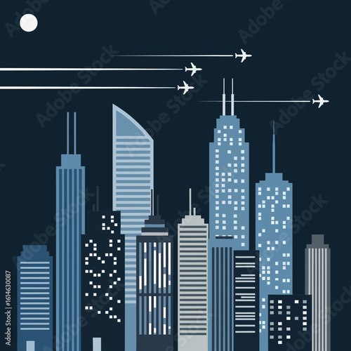 City skyline illustration at night with skyscrapers and airplane trails in the sky.