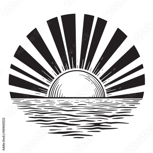 Black and white sun rising over the ocean waves illustration in vintage style