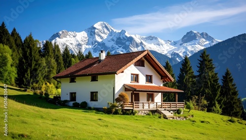 Mountain chalet nestled in green valley