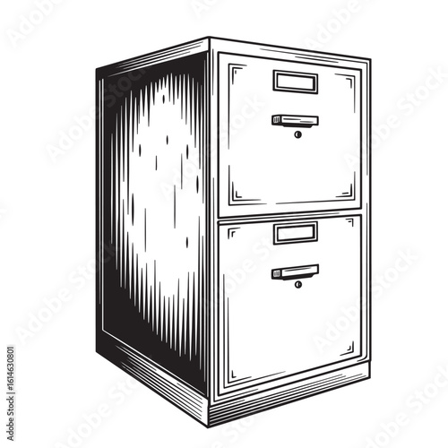 Classic two drawer filing cabinet illustration in a detailed black and white vintage style